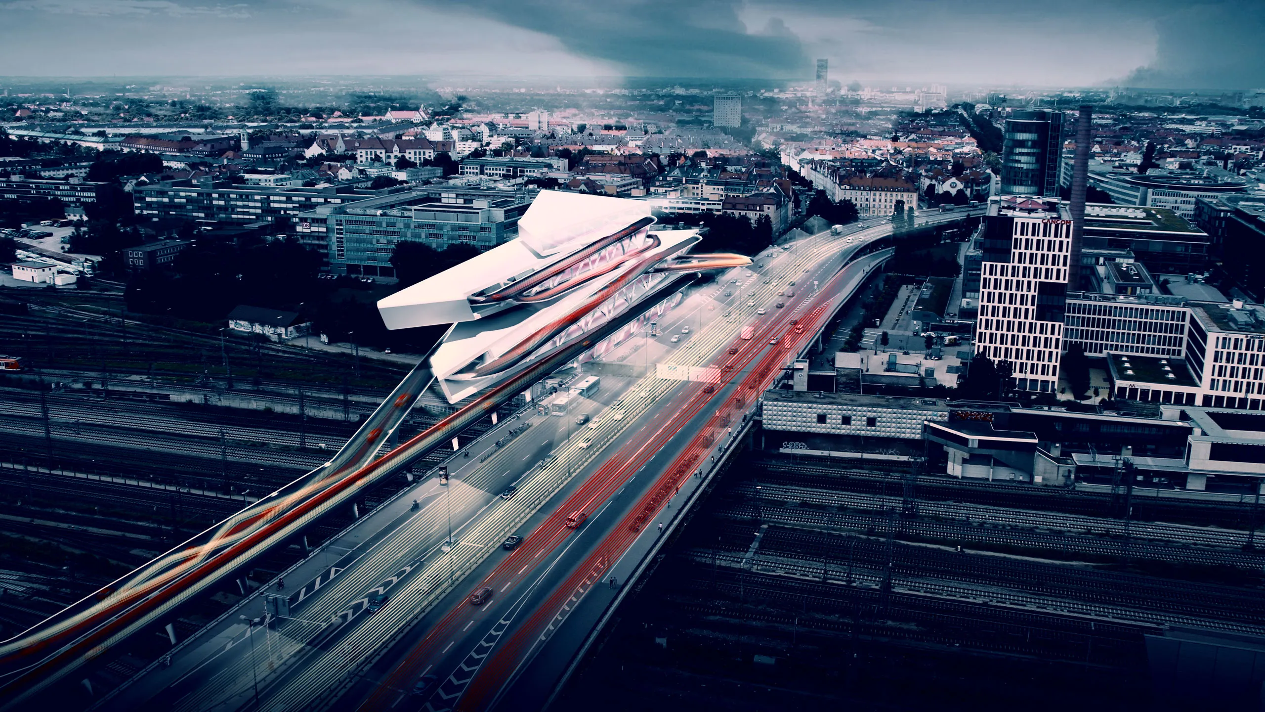 Tesla Motors Future: Visualisierung des Gebäudes über der Donnersbergerbrücke in München