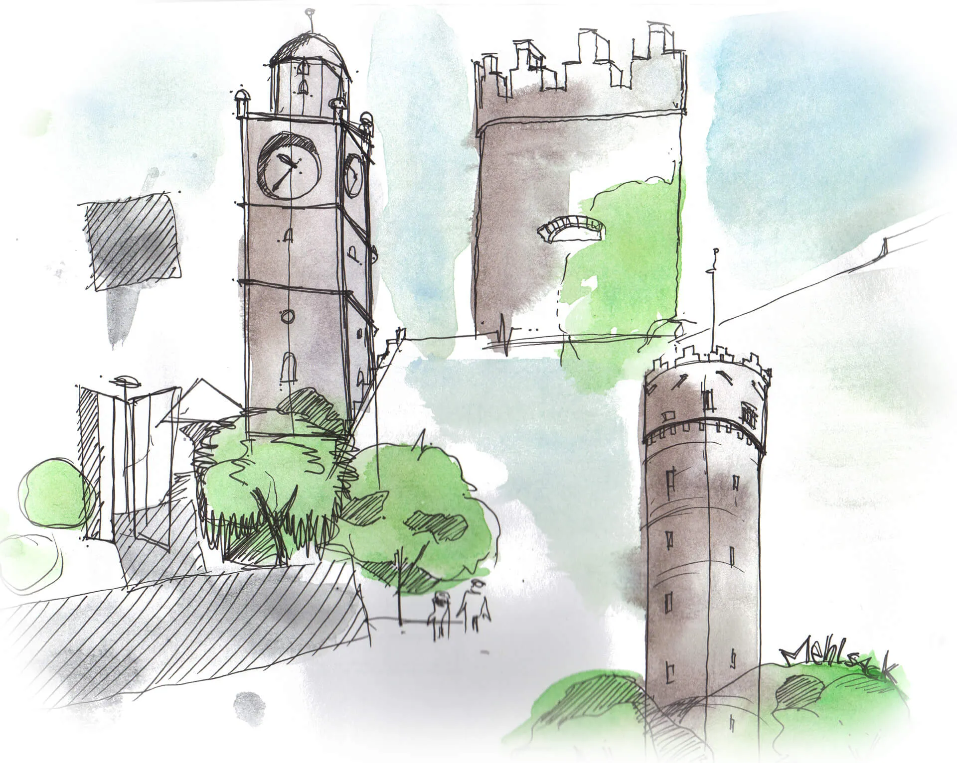 Aquarellskizze von zwei Türmen und Stadtmauer