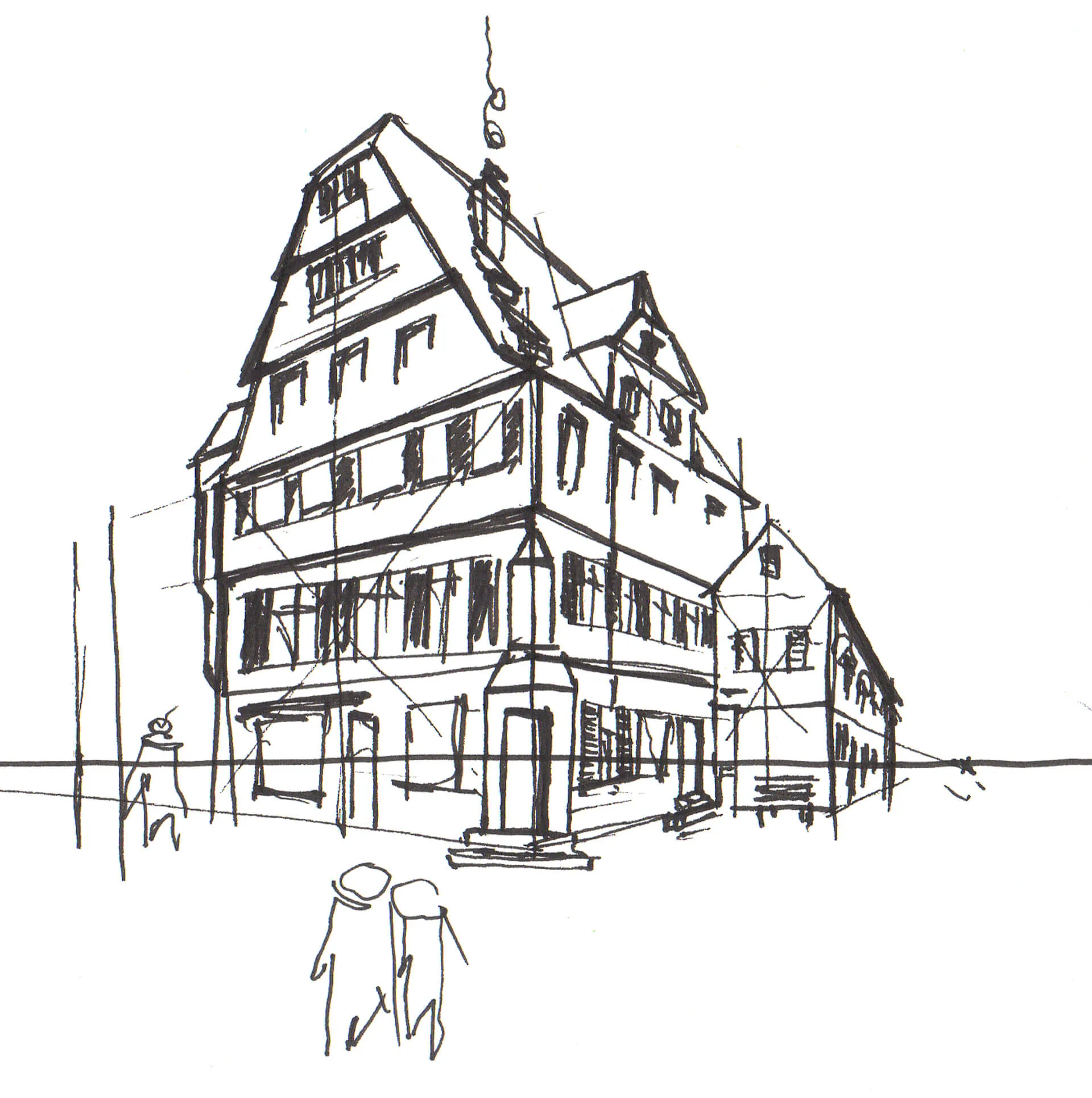Tuscheskizze eines Fachwerkhauses an einer Straßenecke