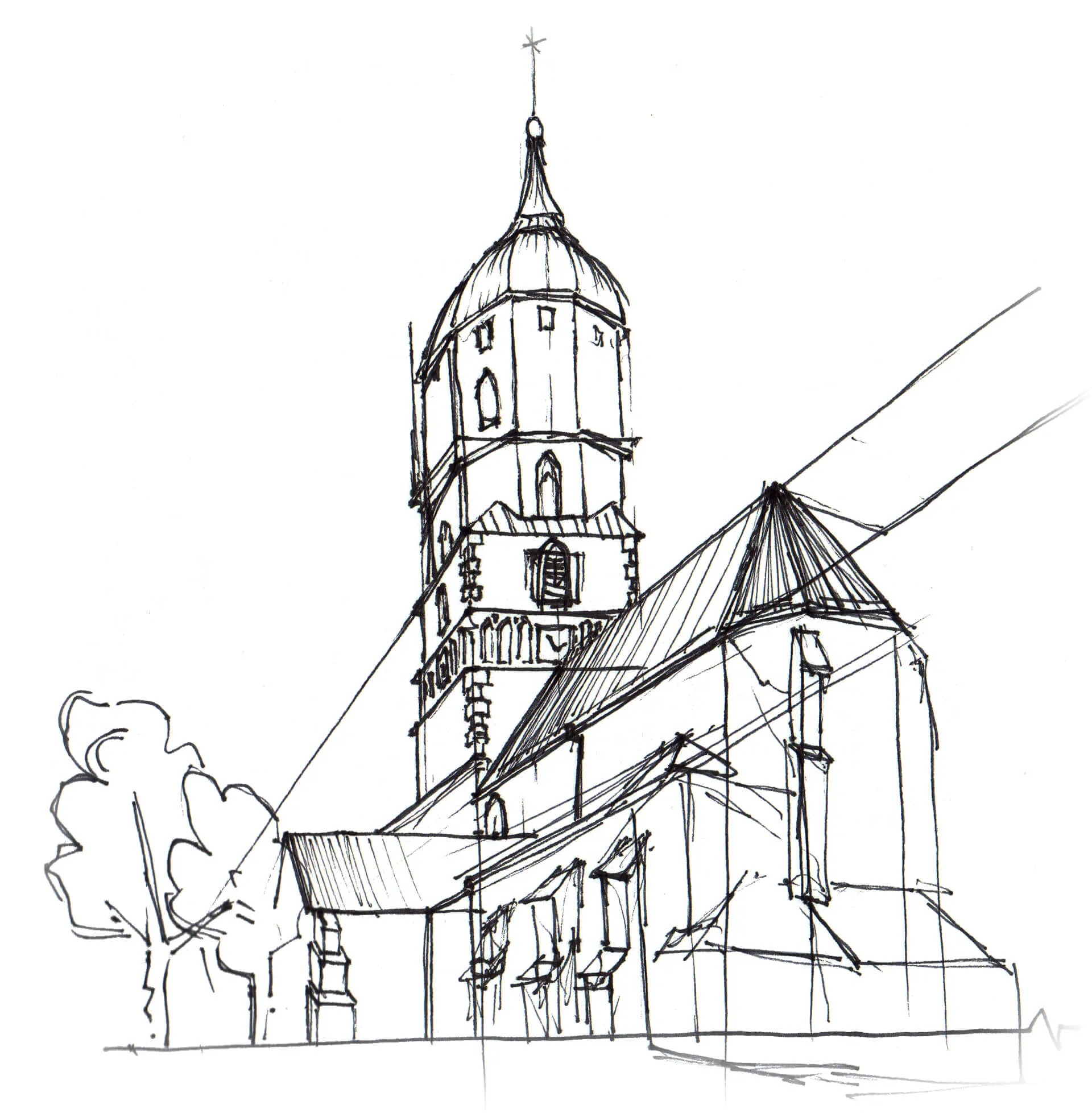 Tuscheskizze einer Kirche mit Turm
