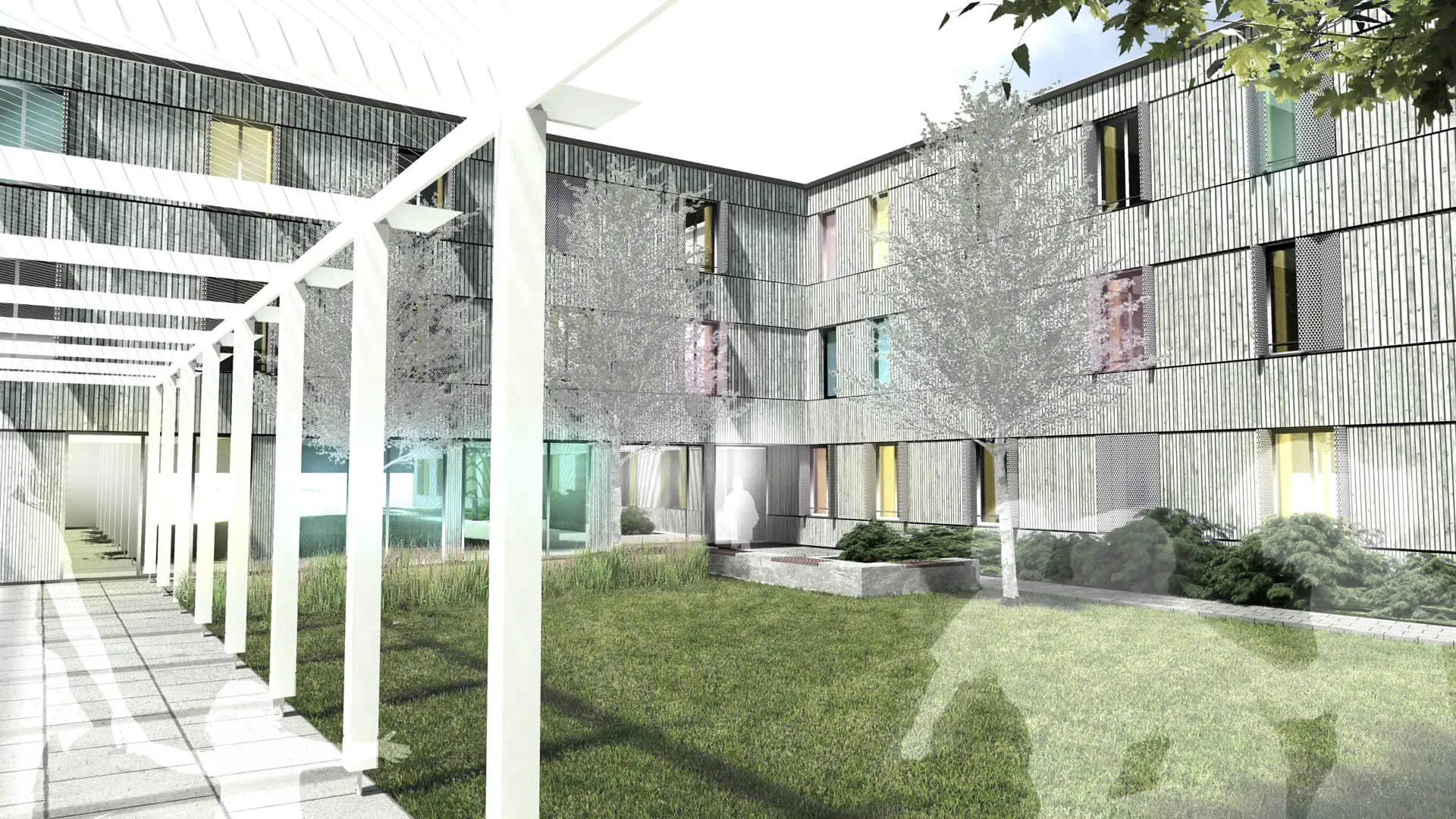 Visualisierung: Innenhof mit Pergola zwischen Holzfassaden