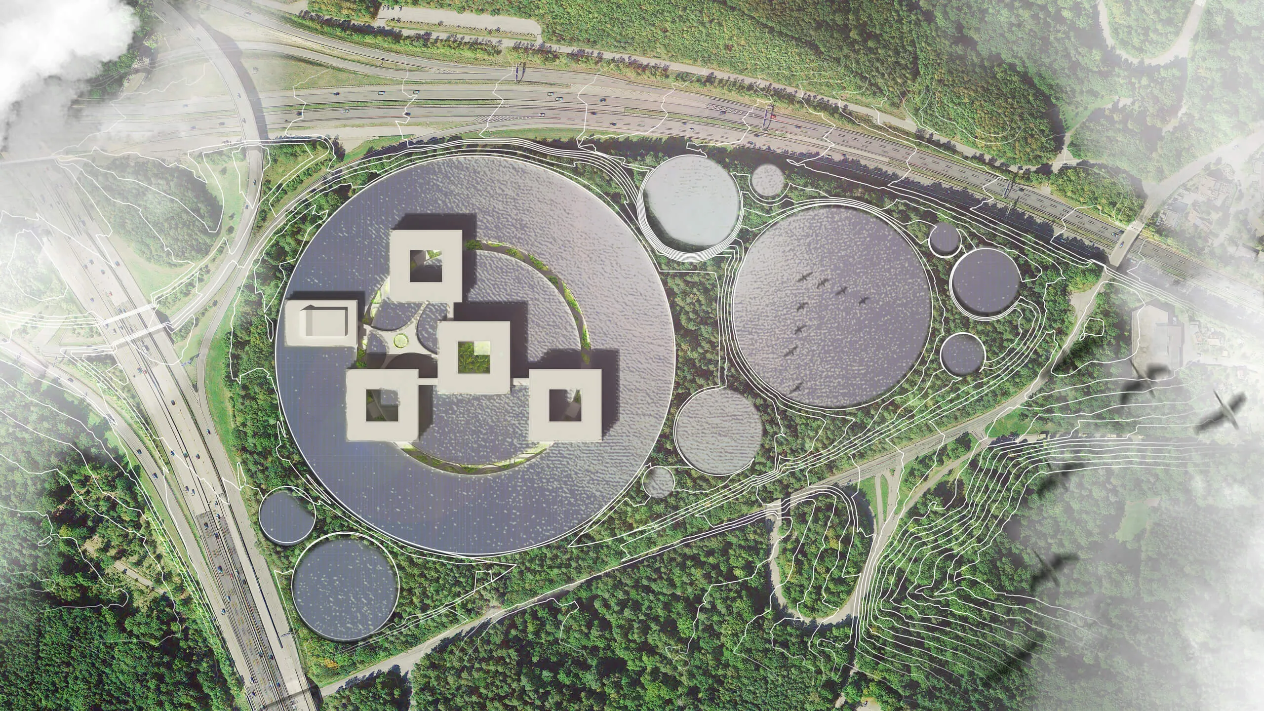 Mothership: Lageplan des Rechenzentrums mit den vier Eiermann-Bauten und Solarseen