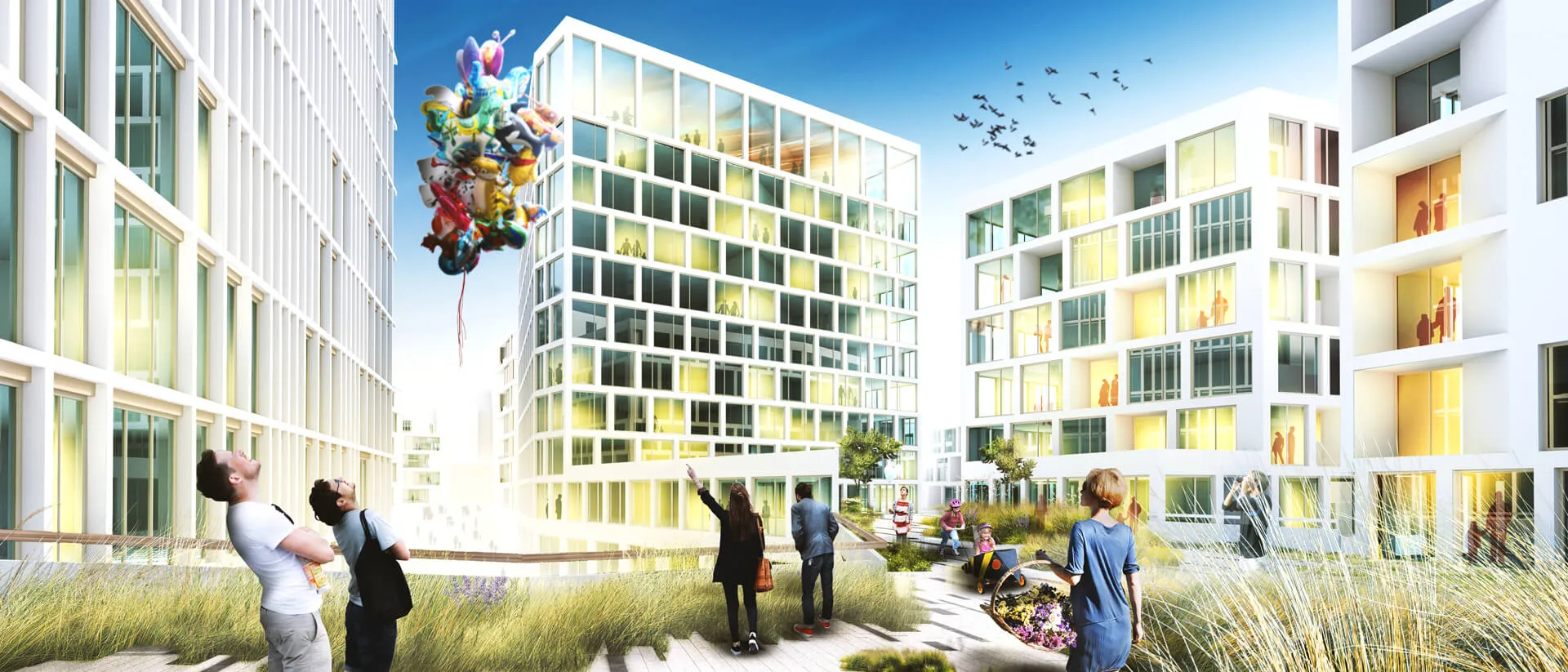 Visualisierung: belebter Platz zwischen modernen Wohngebäuden
