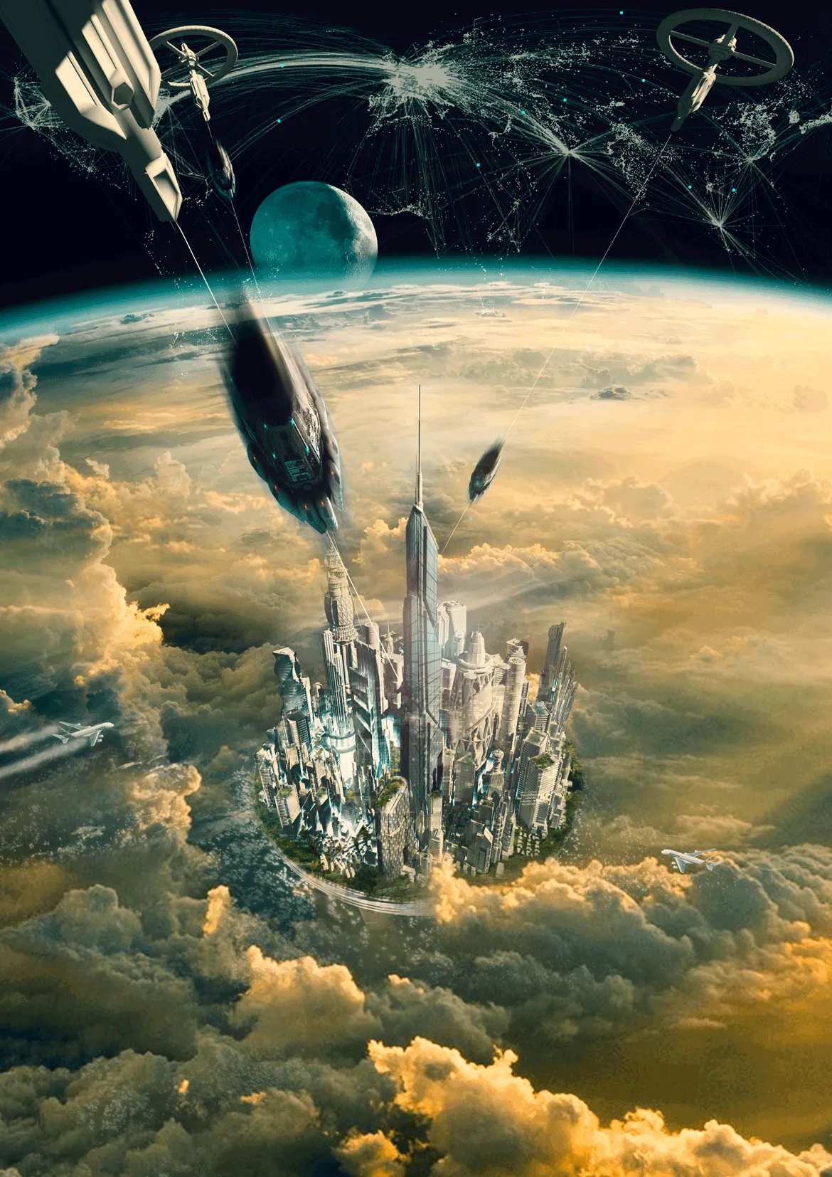 Stadt der Schwerelosigkeit: Collage einer Floating City mit Weltraumaufzug