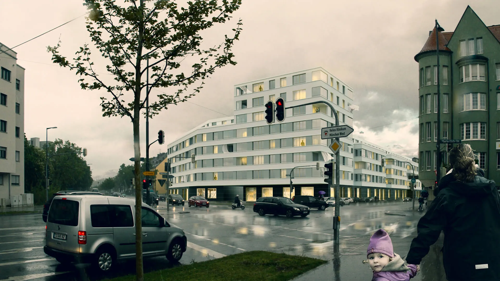Visualisierung: Wohngebäude an einer Straßenkreuzung im Regen