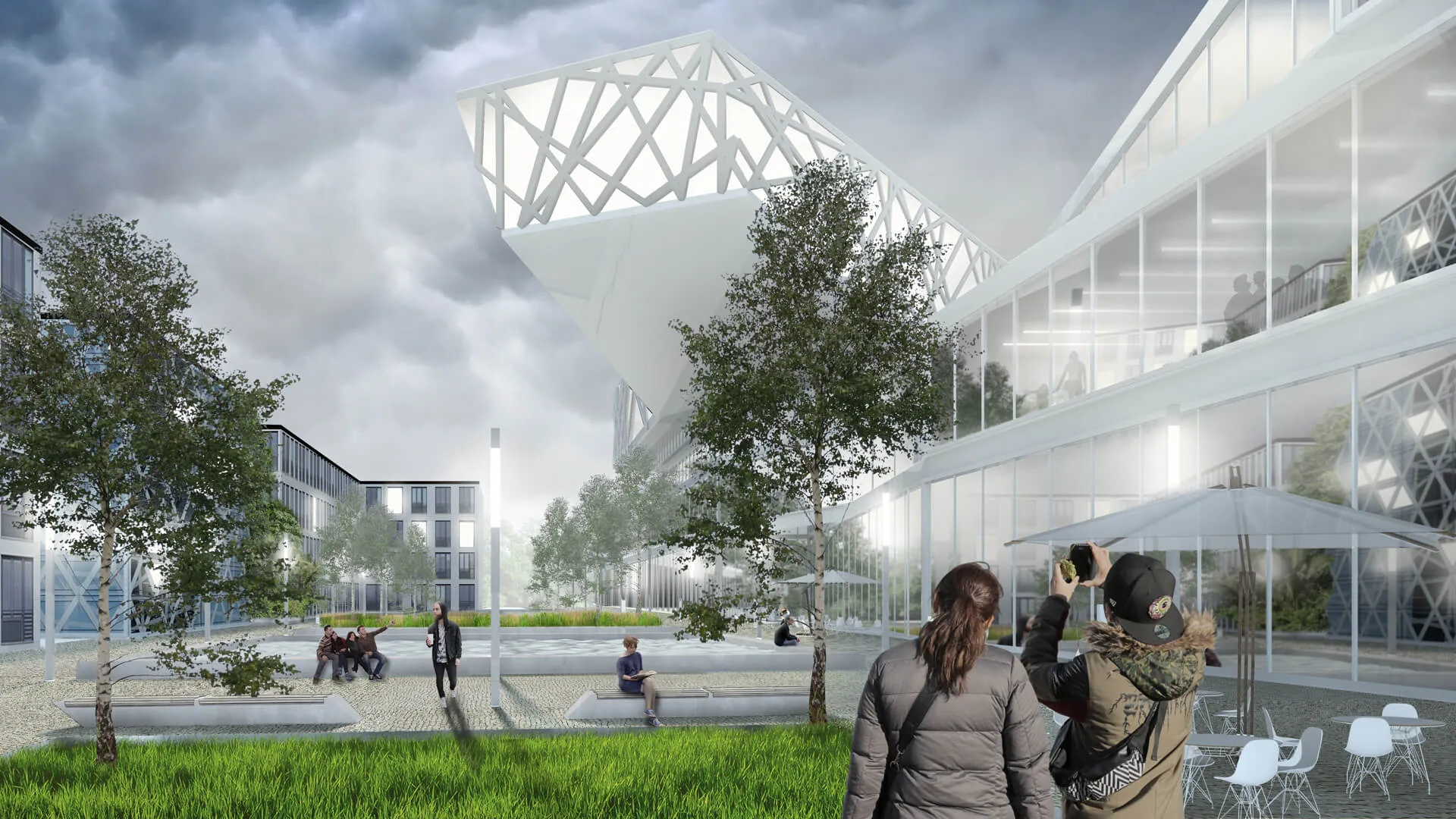 Visualisierung eines Platzes mit auskragendem Gebäude, Entwicklungsstufe 2 von 4